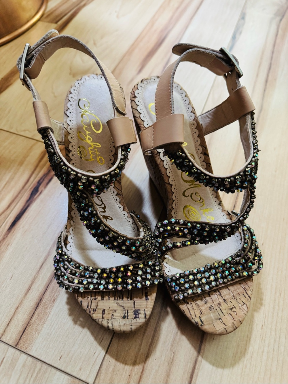 Naughty Monkey Beaded Tan Wedge Sandals - Elegant Women's Summer Heels